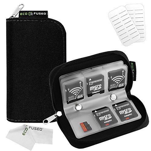 Product Cover Memory Card Case - Fits up to 22x SD, SDHC, Micro SD, Mini SD and 4X CF - Holder with 22 Slots (8 Pages) - for Storage and Travel - Microfiber Cleaning Cloth and Labels Included