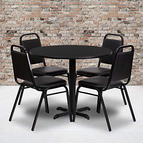 Product Cover Flash Furniture 36'' Round Black Laminate Table Set with X-Base and 4 Black Trapezoidal Back Banquet Chairs