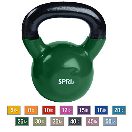 Product Cover SPRI Kettlebell Weights Deluxe Cast Iron Vinyl Coated Comfort Grip Wide Handle Color Coded Kettlebell Weight Set (Green, 25-Pound)