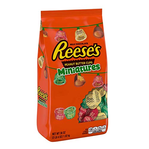 Product Cover REESE'S Peanut Butter Cup Christmas Miniatures, Chocolate Candy Perfect for Stockings, Holiday Gift Baskets, and Holiday Treats, 36 oz. Bag