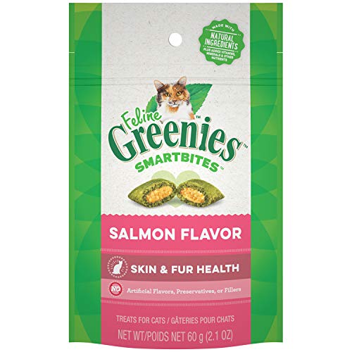 Product Cover Feline Greenies Smartbites Healthy Skin and Fur Treats for Cats Salmon Flavor 2.1 Oz.