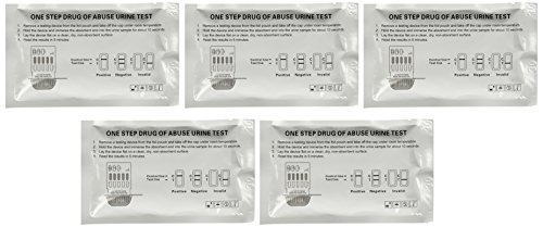 Product Cover 5 Individually Wrapped 6 Panel Multi Screen Urine Tests Each Test Screens for 6 Different Drug Types Including Cocaine/Crack, Heroin/Morphine, Marijuana, Meth, Amphetamine, Adderall, Benzos, Xanax