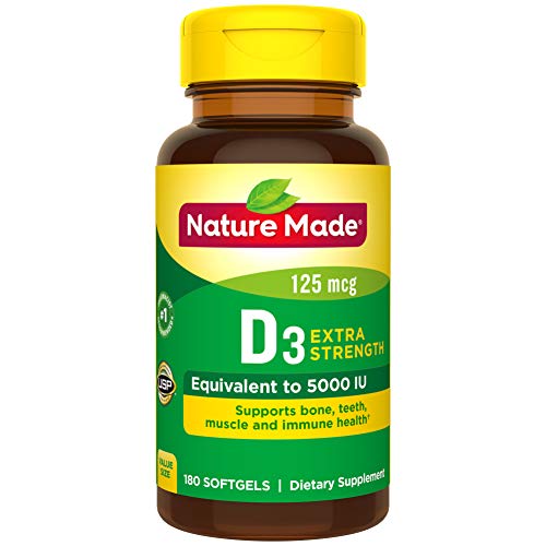 Product Cover Nature Made Extra Strength Vitamin D3 5000 IU (125 mcg) Softgels, 180 Count for Bone Health† (Packaging May Vary)
