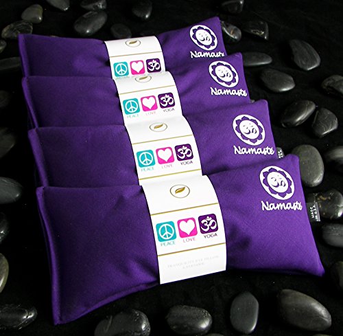 Product Cover Happy Wraps Namaste Yoga Eye Pillows - Lavender Eye Pillows for Yoga - Weighted Aromatherapy Eye Pillow Mask for Yoga - Stress Relief and Relaxation Gifts Hot Cold Therapy - Set of 4 - Purple Cotton