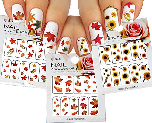 Product Cover Autumn Leaves Nail Art Water Slide Tattoo Sticker:::Crimson Leaves And Flowers: Maple / Rowan / Hawthorn / Sunflower- 3 Pack