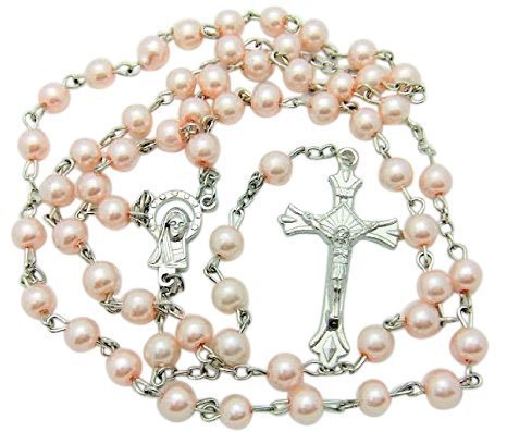 Product Cover CB Catholic Catholic Rosary, Great for Women or Girls. Miraculous Pink Glass Beads with Metal Crucifix