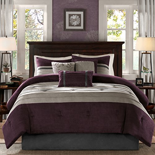 Product Cover Madison Park - Palmer 7 Piece Comforter Set - Plum - Queen - Pieced Microsuede - Includes 1 Comforter, 3 Decorative Pillows, 1 Bed Skirt, 2 Shams