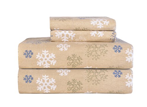Product Cover Pointehaven Heavy Weight Printed Flannel Sheet Set, King, Snow Flakes Oatmeal