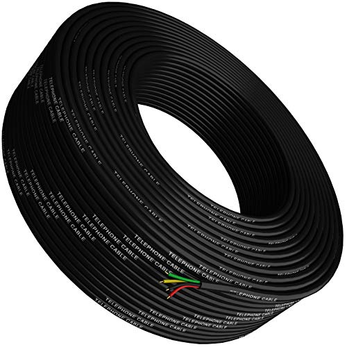 Product Cover Phone Cable 300ft Rounded Black Roll (100 M - 328 ft Long) 4x1/0.4 26 AWG Gauge Solid Wire RJ11 4P4C -Round Telephone Cord Line Extension Bulk Rool Reel -Compatible with RJ 11 Crimp End Connector Jack
