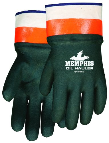 Product Cover MCR Safety 6410SC Double-Dipped PVC Jersey Lined Sandpaper Finish Men's Gloves with Plasticized Safety Cuff, Green/Orange, Large, 1-Pair
