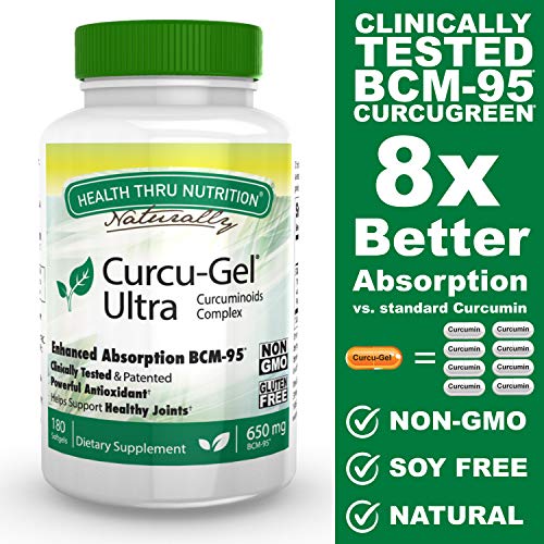 Product Cover Curcu-Gel Ultra 650 mg BCM-95® (CURCUGREEN®) Enhanced Absorption Bio-Curcumin Complex (Soy-Free & Non-GMO) (500mg Total Curcuminoids with Essential Oils of Turmeric Rhizome) 180 Softgels