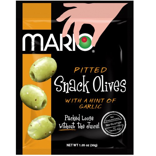 Product Cover Mario Camacho Foods Pitted Snack Olives, Seasoned Green Garlic Olives, 1.05 Ounce (Pack of 12)