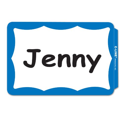 Product Cover C-Line Pressure Sensitive Peel and Stick Name Badges, Blue Border, 3.5 x 2.25 Inches, 100 per Box (92265)
