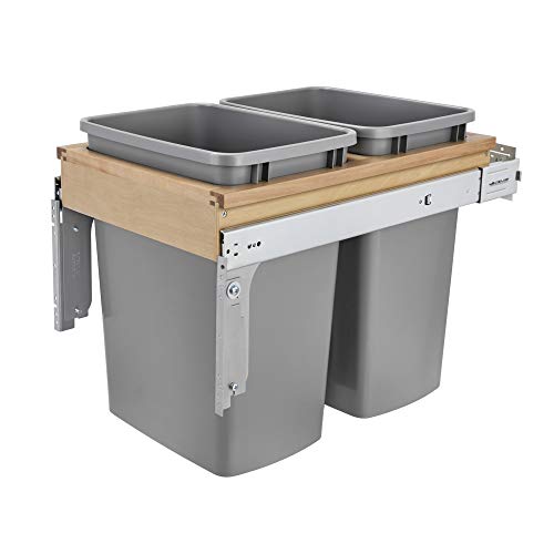 Product Cover Rev-A-Shelf 4WCTM-18BBSCDM2 Double 35-Quart Pull Out Top Mount Kitchen Trash Container Bin Wastebasket for 1.5 Inch Face Frame Cabinets, Silver