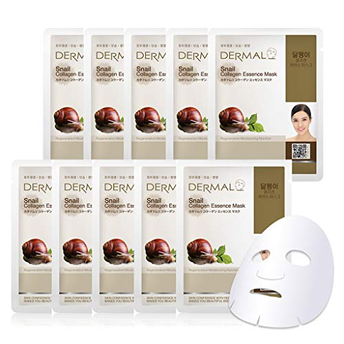 Product Cover DERMAL Snail Collagen Essence Facial Mask Sheet 23g Pack of 10 - Skin Regenerating & Trouble Care for Acne Prone Skin, Daily Skin Treatment Solution Sheet Mask