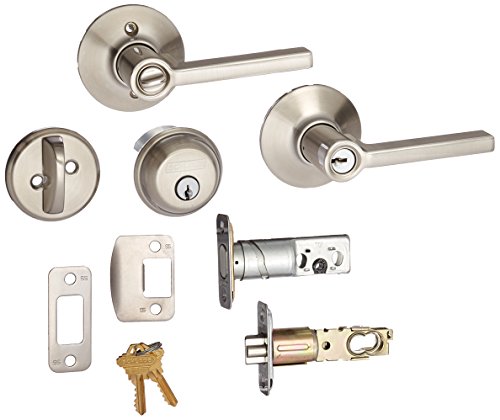 Product Cover Deadbolt, Keyed 1 Side, and Latitude Lever Security Set (Satin Nickel) FB50VLAT619