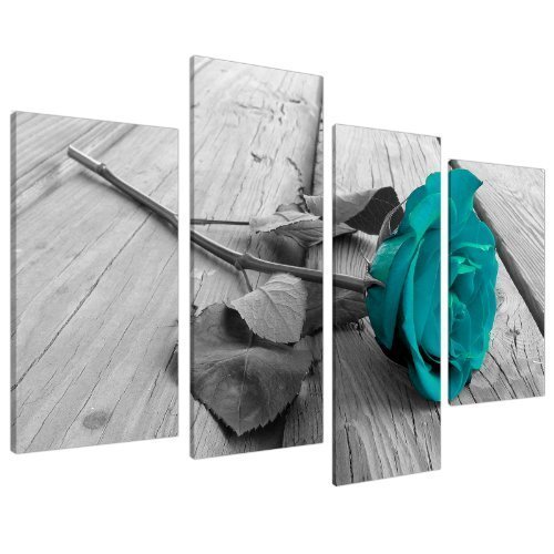 Product Cover Large Black White Teal Rose Floral Canvas Wall Art Pictures on Grey XL Split Set - Big Modern Flower Prints - Multi Panel Turquoise Artwork - XL - 130 cm Wide