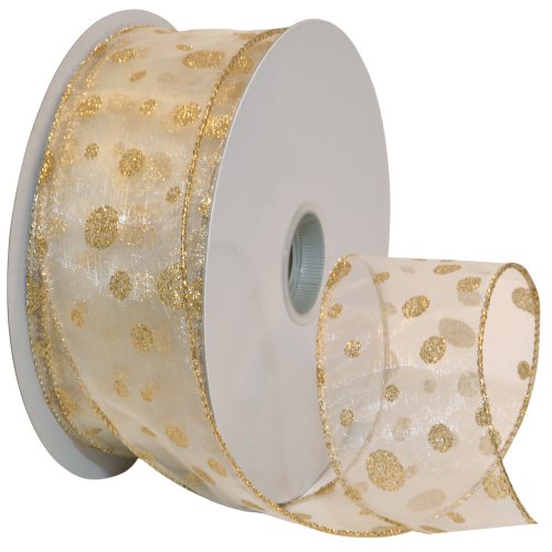 Product Cover Morex Ribbon Glitter Dots Wired Sheer Glitter Ribbon, 2-1/2-Inch by 50-Yard Spool, Ivory/Gold