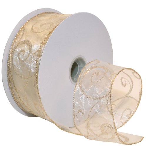 Product Cover Morex Ribbon Swirl Wired Sheer Glitter Ribbon, 2-1/2-Inch by 50-Yard Spool, Ivory/Gold