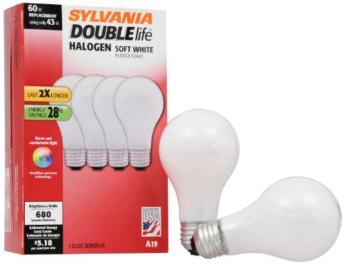 Product Cover SYLVANIA Halogen Lamp Double Life/Dimmable Light Bulb A19 / Energy-Saving Replacement for 60W Incandescent/Medium Base E26 / 43 Watt / 2750K - Soft White, 4 Pack