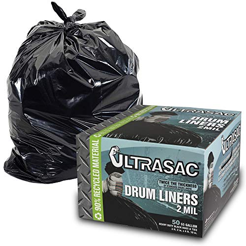 Product Cover Aluf Plastics Heavy Duty 55 Gallon Trash Bags - (Large 50 Pack /w Ties) - 2 MIL Industrial Strength Plastic Drum Liners 38' x 58' Professional Black Garbage Bags for Construction, Contractors, Leaf, Yard - 796695
