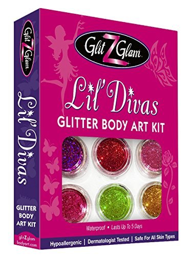 Product Cover LIL DIVAS Glitter Tattoo Kit with 6 Large Glitters & 12 Stencils for Temporary Tattoos - HYPOALLERGENIC and DERMATOLOGIST TESTED!