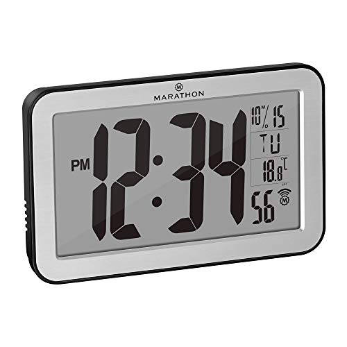Product Cover Marathon Commercial Grade Panoramic Atomic Wall Clock with Table Stand, Date, and Temperature - Self Setting/Self Adjusting - Batteries Included - CL030033SV (Brushed Stainless)