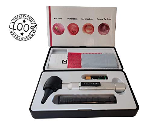 Product Cover 4th Generation Dr Mom LED Pocket Otoscope and Both Adult and Pediatric Disposable Specula Tips and Protective Hard Plastic Case.