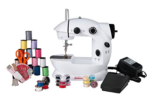Product Cover Sunbeam Mini Portable Sewing Machine AC Adapter Foot Pedal And Over 75 Piece Sewing Kit Included, Drop In Bobbin For Easy Set Up, Double Thread and Speed, Pre Threaded Ready To Use, Battery Operated As Well