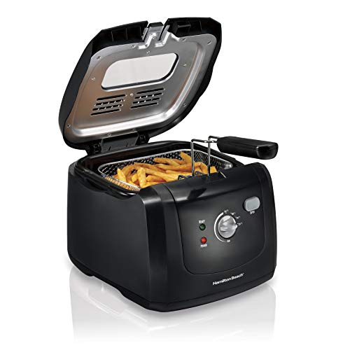Product Cover Hamilton Beach Cool-Touch Deep Fryer, 8 Cups / 2 Liters Oil Capacity, Lid with View Window, Basket with Hooks, 1500 Watts, Electric, Black (35021)