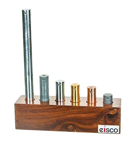 Product Cover Eisco Labs Premium Equal Mass Cylinders (16mm Dia.), Set of 6 with Wood Base, 100g Metal Cylinders of Varying Heights/Densities - Lead, Copper, Brass, Iron, Zinc, and Aluminum - For Use in Density and Specific Heat Experiments - Drilled for