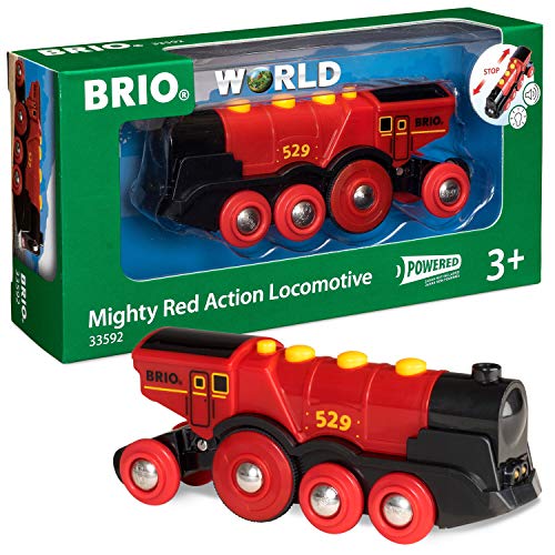 Product Cover Brio Mighty Action Locomotive Toy Train, Red - Battery Operated Toy Train With Light and Sound Effects
