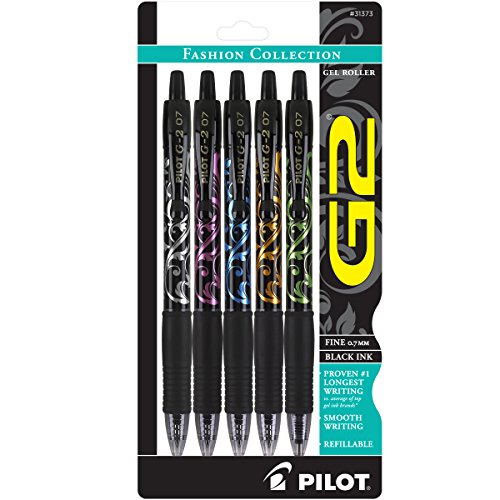 Product Cover PILOT G2 Fashion Collection Colors Refillable & Retractable Rolling Ball Gel Pens, Fine Point, Silver/Pink/Blue/Orange/Green Design Barrels, Black Ink, 5-Pack (31373)