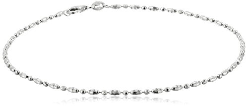 Product Cover Italian Sterling Silver Rhodium Plated Diamond Cut Oval and Round Beads Mezzaluna Chain Ankle Bracelet