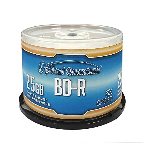 Product Cover Optical Quantum OQBDR06WIP-H-50 6X 25GB BD-R White Inkjet Printable Single Layer Blu-Ray Recordable Media 50-Disc Spindle