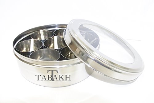 Product Cover Tabakh Stainless Steel Masala Dabba/Spice Container Box with 7 Spoons - Clear Lid