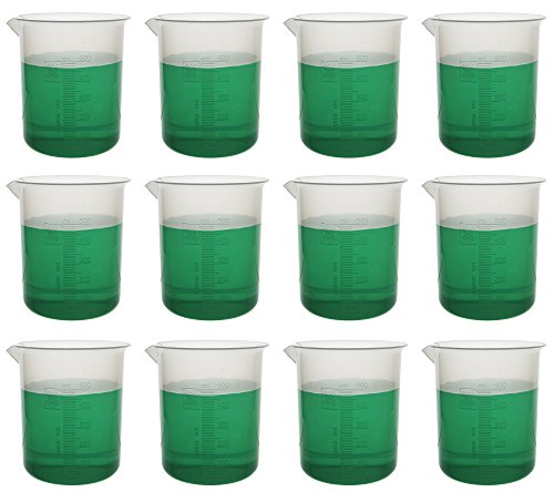 Product Cover Pack of 12 Beakers, 500ml - Premium Polypropylene - 10ml Raised Graduations, Tapered Spout - Eisco Labs