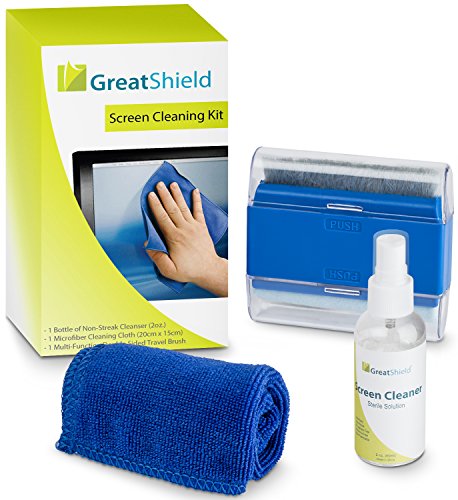 Product Cover GreatShield Universal Screen Cleaning Kit, Microfiber Cloth + 2 Sided Brush + Non-Streak Solution Spray [for TV, Laptops, PC Monitors, Smartphones, Tablets, Camera, Keyboard and Other Electronics]