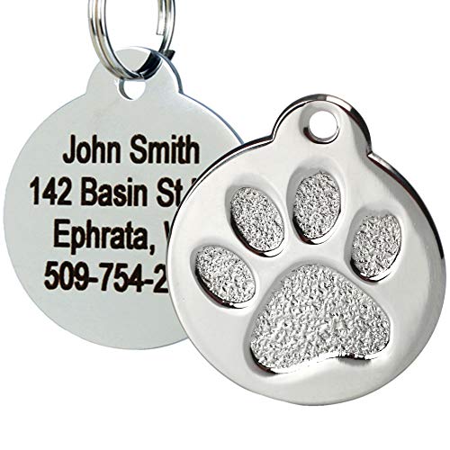 Product Cover GoTags Paw Print Round Stainless Steel Pet ID Tag for Dogs and Cats, Personalized, Engraved with up to 4 Lines of Custom Text, (Paw Size Small)