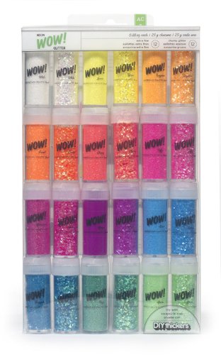 Product Cover Wow! Neon Glitter by American Crafts | 24 pack | Includes 12 bottles of fine glitter and 12 bottles of chunky glitter in assorted colors