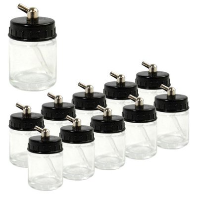 Product Cover Set of 10 Glass 3/4 Ounce (22cc) Airbrush Bottles (Jars) with 60° Angle Adapter Lid Assembly (Used on Single-Action Airbrushes)