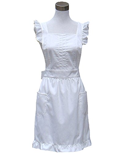 Product Cover Hyzrz Retro Fancy Cute Cotton Frilly Kitchen White Apron Flirty Baking Cooking Aprons for Womens with Pockets Vintage (White)