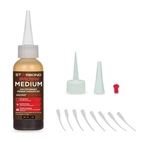 Product Cover Starbond BR-150 Brown Medium, Premium Colored CA - Cyanoacrylate Adhesive Super Glue Plus Extra Cap and Microtips (for Woodworking, Filling Knots & Voids in Light Colored Wood) (2 Ounce)
