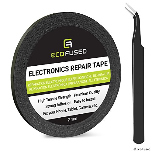 Product Cover Eco-Fused Adhesive Sticker Tape for Use in Cell Phone Repair - 2mm Tape - Also Including 1 Pair of Tweezers/Eco-Fused Microfiber Cleaning Cloth (Black)