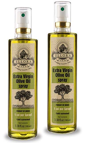 Product Cover Extra virgin olive oil in glass spray bottle, clog free spray, one calorie per spray, salads, eggs, veggies, award winning brand, harvested in Crete, Greece, 3.38 oz. each (100 ml) bottle, pack of 2