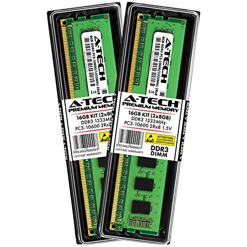 Product Cover A-Tech 16GB DDR3 1333MHz Desktop Memory Kit (2 x 8GB) PC3-10600 Non-ECC Unbuffered DIMM 240-Pin 2Rx8 1.5V Dual Rank Computer RAM Upgrade Sticks