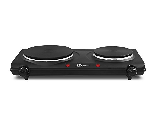Product Cover Maxi-Matic EDB-302BF Countertop Double Electric Hot Burner Dual Temperature Controls, Flat cast iron heating plates, Power Indicator Lights, Easy to Clean, 1500 Watts, Black