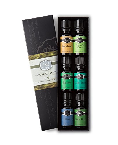 Product Cover P&J Trading Nature Set of 6 Premium Grade Fragrance Oils - Forest Pine, Ocean Breeze, Rain, Fresh Cut Grass, Sandalwood, Bamboo - 10ml