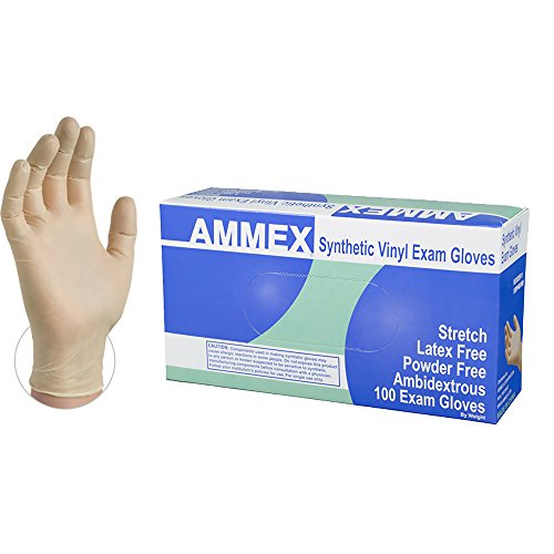 Product Cover AMMEX Synthetic Vinyl Exam Disposable Gloves - Clear, 4 Mil, Stretch, Latex Free, Powder Free, Ambidextrous, Medium, Box of 100
