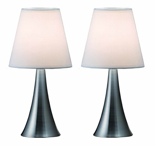 Product Cover Simple Designs Home LT2014-WHT-2PK Valencia Brushed Nickel Mini Touch Table Lamps with Fabric Shades, White (Pack of 2), 4.92